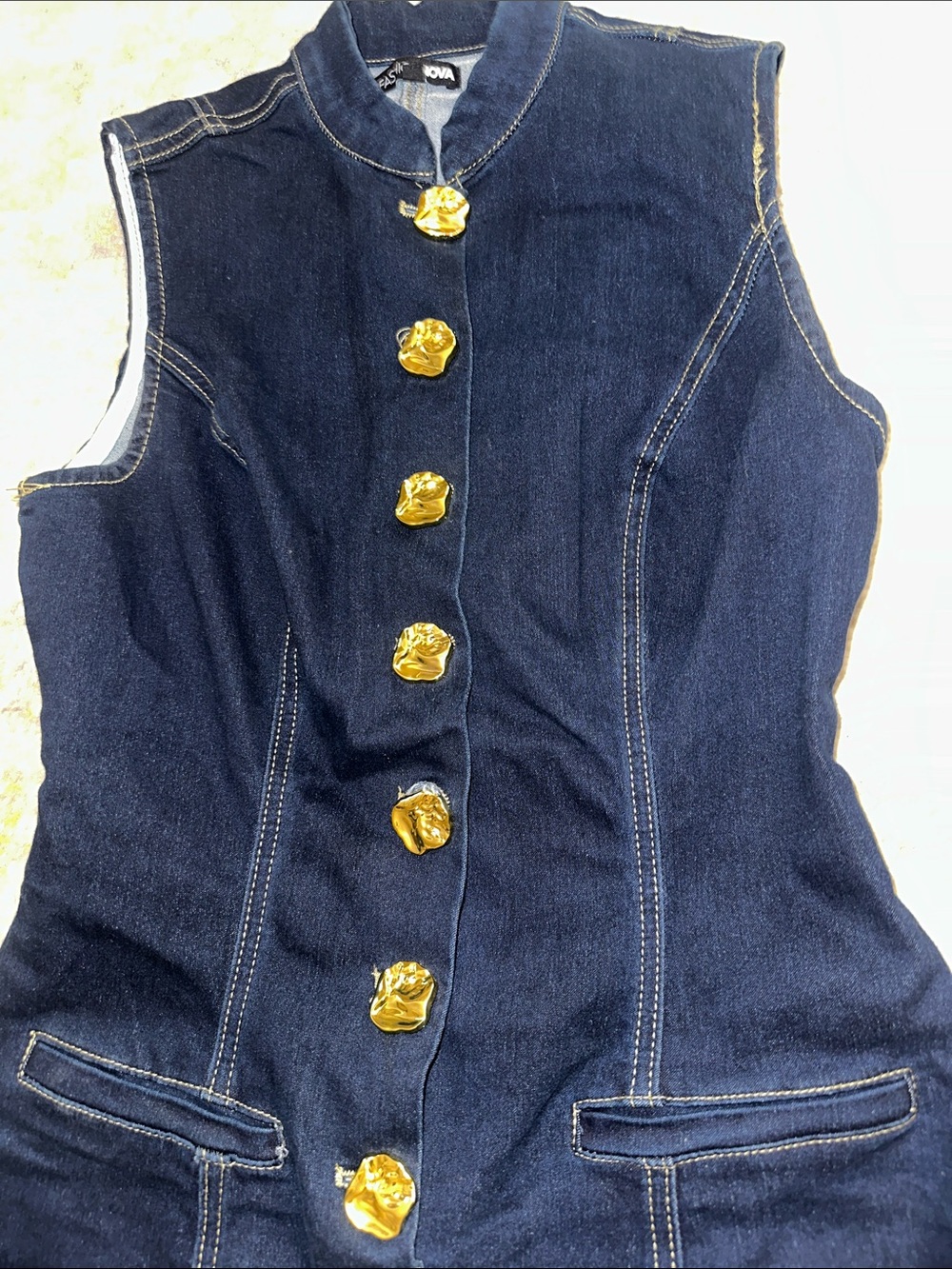 Fashion Nova Navy Sleeveless Denim Jumpsuit with Gold Buttons - Picture 5 of 7
